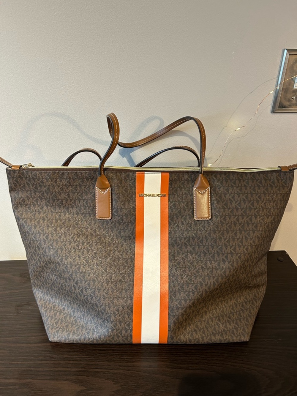 Michael Kors Brown Tote with Orange and White Center Stripe